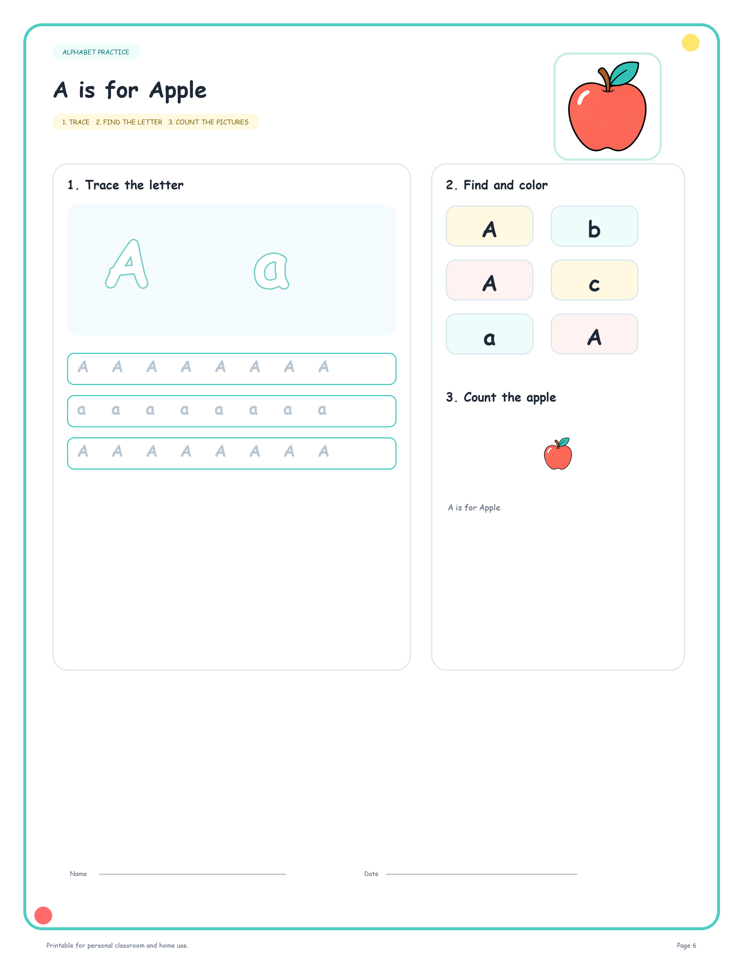 Alphabet tracing worksheet — A is for Apple