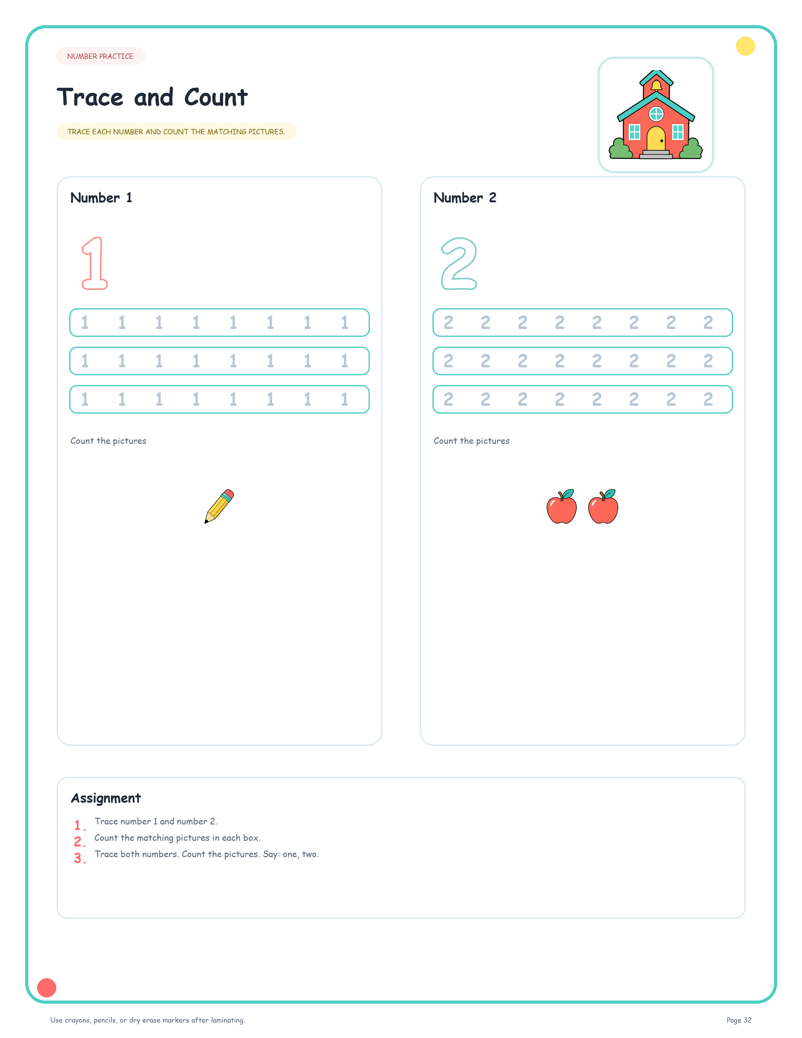 Number tracing and counting worksheet